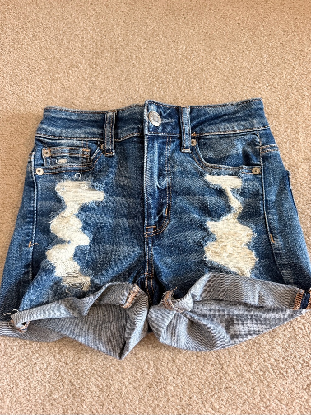 American Eagle High-Rise Distressed Denim Shorts - Blue